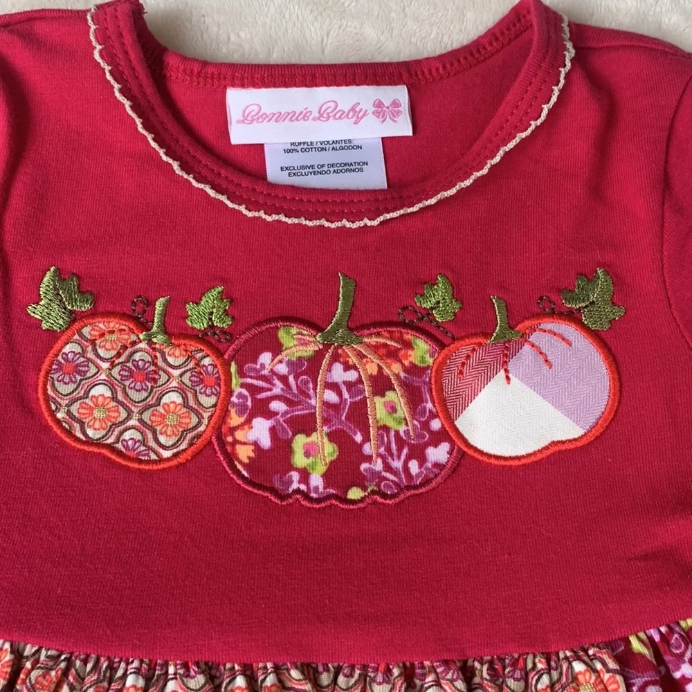 NWT Bonnie Baby Pink Pumpkin Appliqué Dress 12M Three Quarter Sleeve - Picture 6 of 13